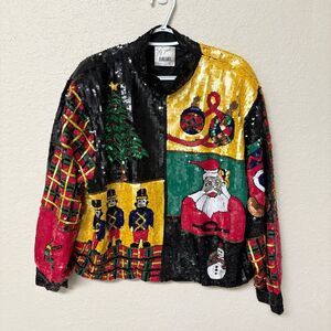 Vintage Just Fabulous Christmas Sequin & Silk Zip Jacket Size L Festive Pockets